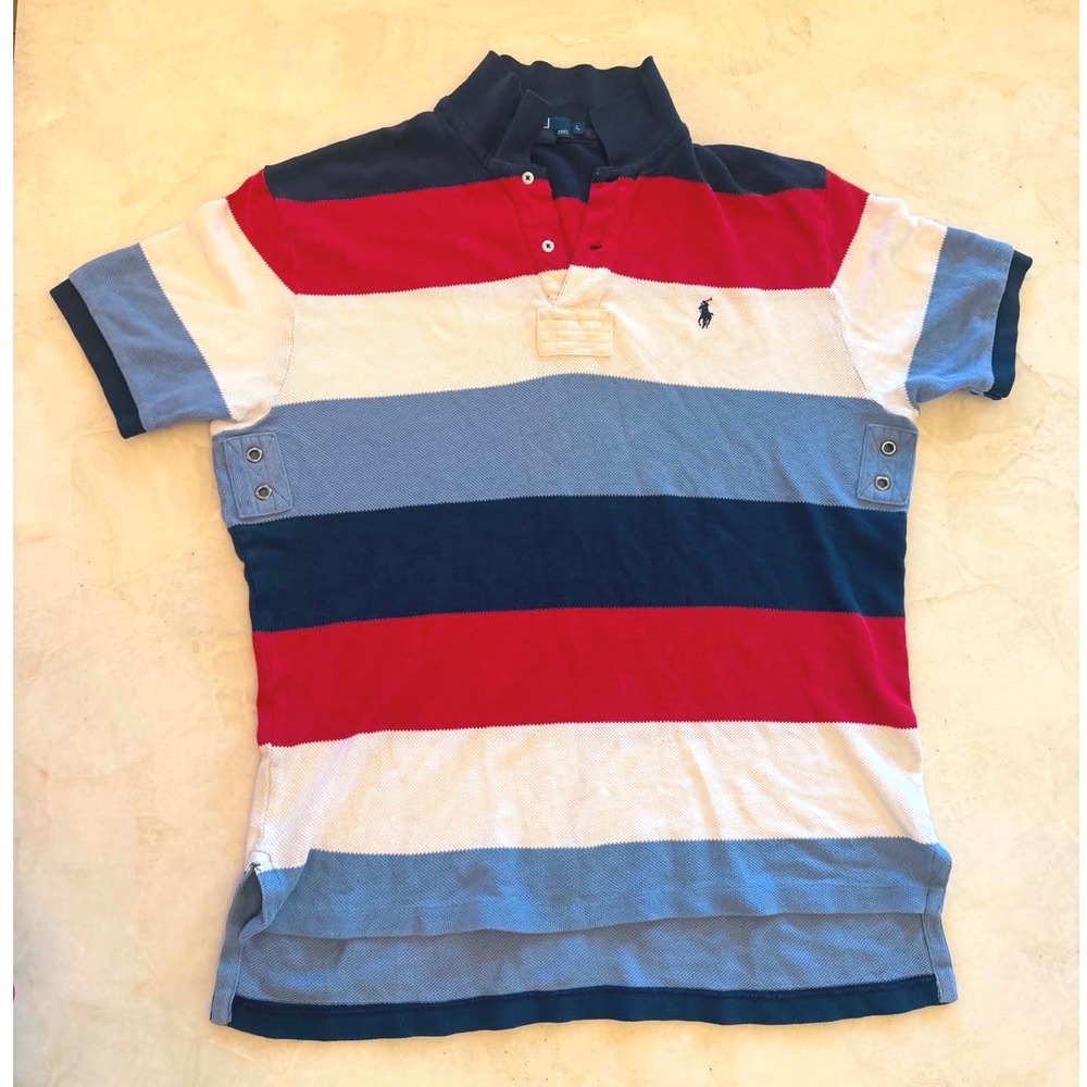 Polo Ralph Lauren Mens Large Striped Polo Shirt Red White Blue Cotton Pique